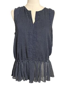 QMack Blouse Womens Large Blue Polka Dot Ruffle Peplum Sleeveless Sheer Top